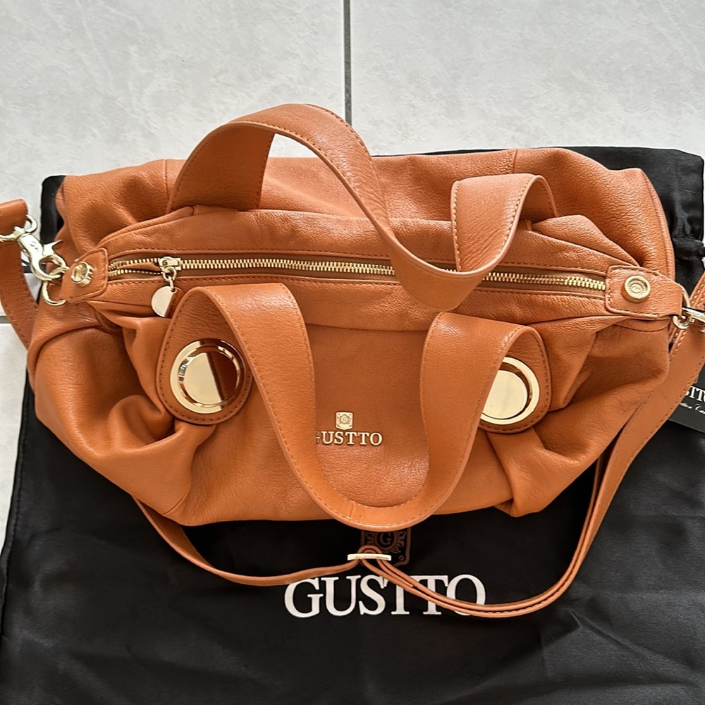 New Vintage Gustto Folina Leather Satchel Handbag in Camel